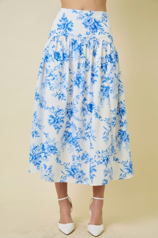 Floral Print Flared Maxi Skirt With Curved Yoke