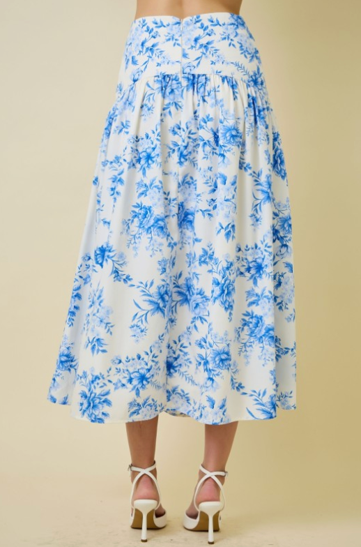 Floral Print Flared Maxi Skirt With Curved Yoke