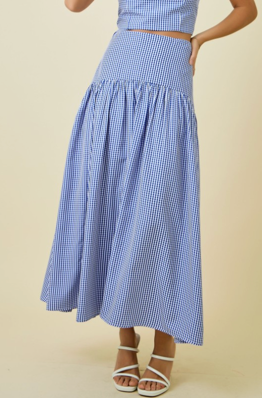 Gingham Flared Maxi Skirt With Curved Yoke