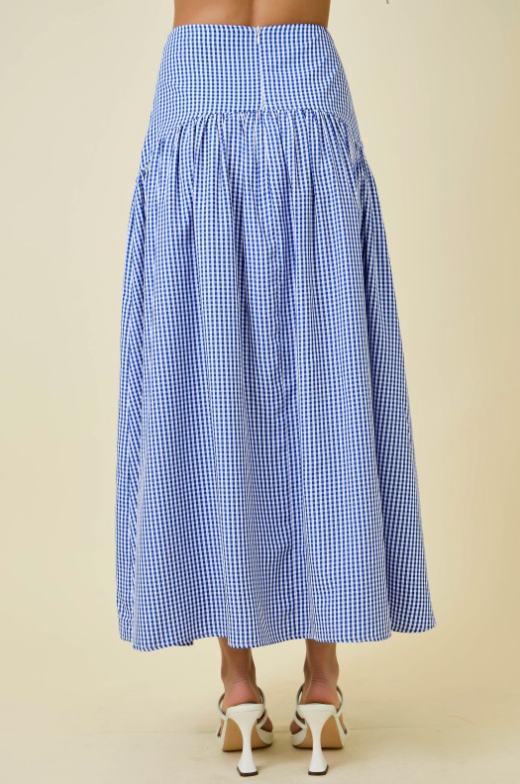 Gingham Flared Maxi Skirt With Curved Yoke