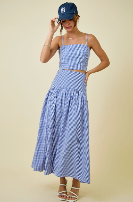 Gingham Flared Maxi Skirt With Curved Yoke