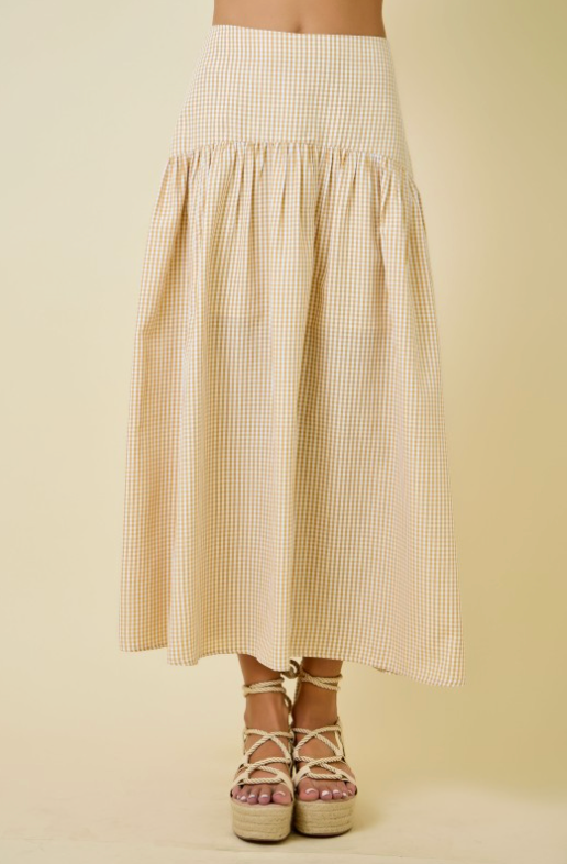 Gingham Flared Maxi Skirt With Curved Yoke
