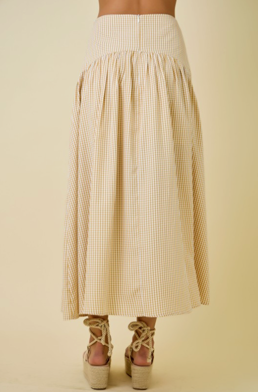 Gingham Flared Maxi Skirt With Curved Yoke