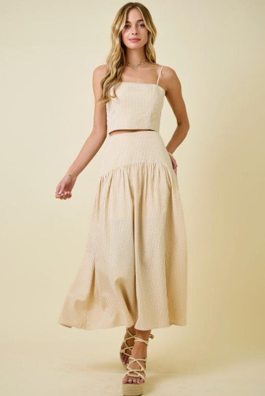 Gingham Flared Maxi Skirt With Curved Yoke