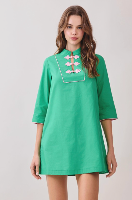 Mandarin Collar Contrast Frog Button Detail Dress