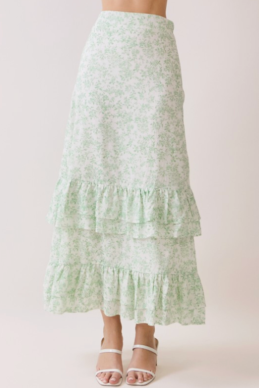 Floral Side Zipper Tiered Ruffle Maxi Skirt