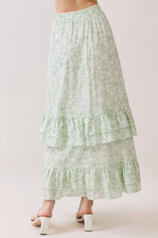 Floral Side Zipper Tiered Ruffle Maxi Skirt