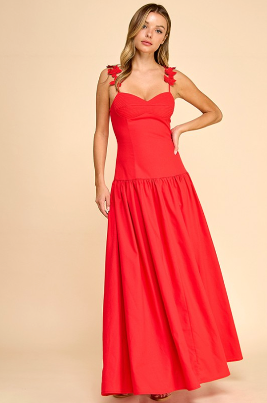 Flower Applique Shoulder Strap Maxi Dress