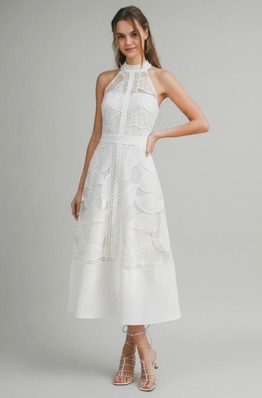 High Neck Lace Midi Dress