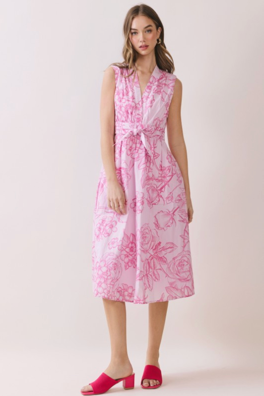 Floral Print Tie Waist Fit & Flare Midi Dress