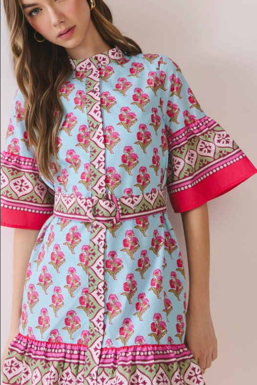 Printed Belted Mini Dress With Contrast Border