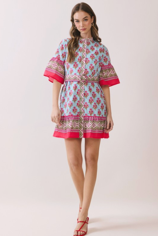 Printed Belted Mini Dress With Contrast Border