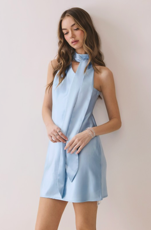 Satin Scarf Neck Detail One Shoulder Mini Dress