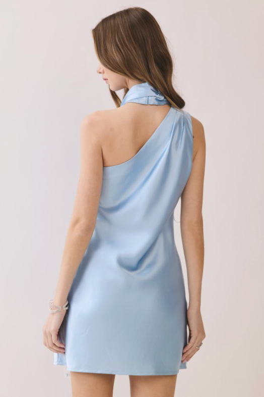 Satin Scarf Neck Detail One Shoulder Mini Dress