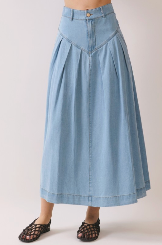 V Shaped Yoke Pleated Detail Denim Midi Skirt