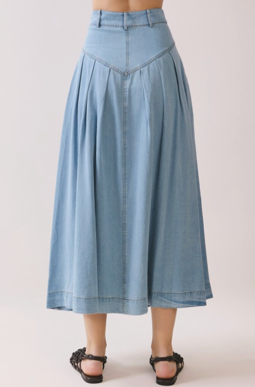 V Shaped Yoke Pleated Detail Denim Midi Skirt
