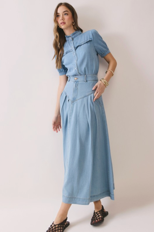 V Shaped Yoke Pleated Detail Denim Midi Skirt