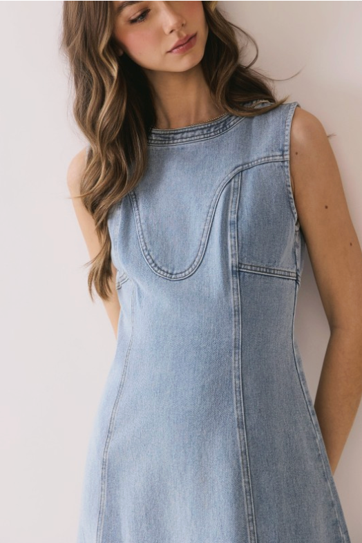 Sleeveless Paneled Front Slit Detail Denim Midi Dress