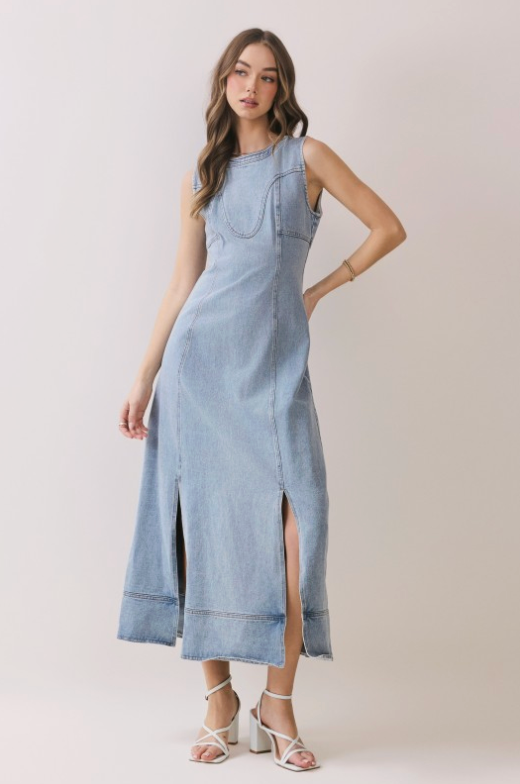 Sleeveless Paneled Front Slit Detail Denim Midi Dress