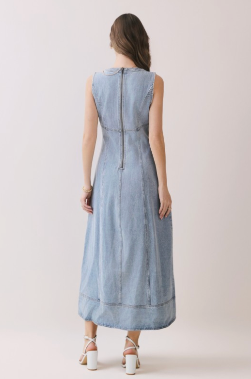 Sleeveless Paneled Front Slit Detail Denim Midi Dress