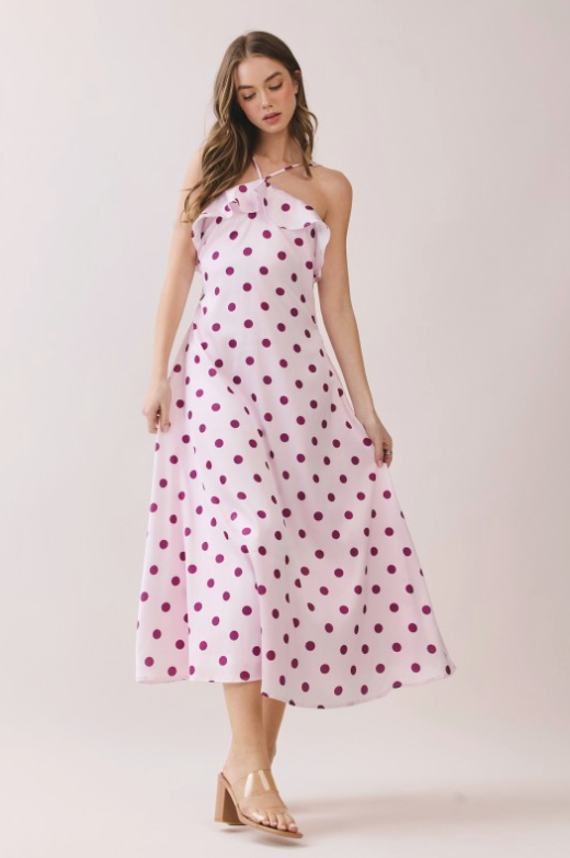 Polka Dot Print Ruffle Trim Slip Midi Dress
