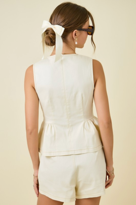 Sleeveless Peplum Denim Top W/ Contrast Topstitch