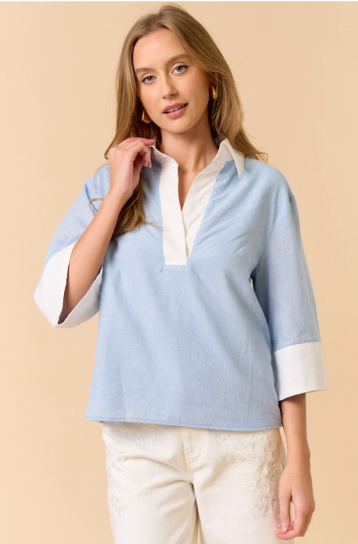 Color Block Half Sleeve Collared Top