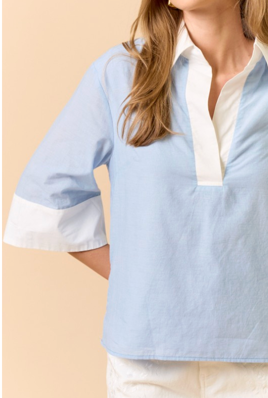 Color Block Half Sleeve Collared Top