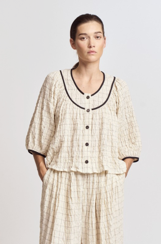 Twill Tape Detail With Puff Sleeves Top