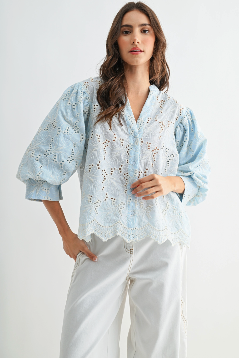 Embroidered Cotton Eyelet Blouse Puff Sleeves