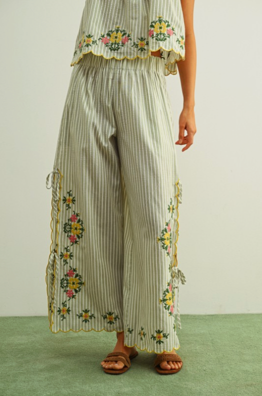 Floral Embroidery With Striped Pants With Tie