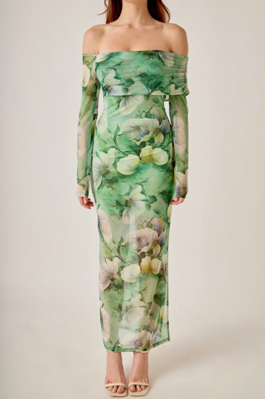 Floral Mesh Off Shoulder Maxi Dress