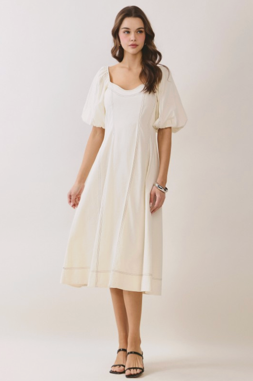 Square Neck Puff Sleeve Smocked Back Midi Dress