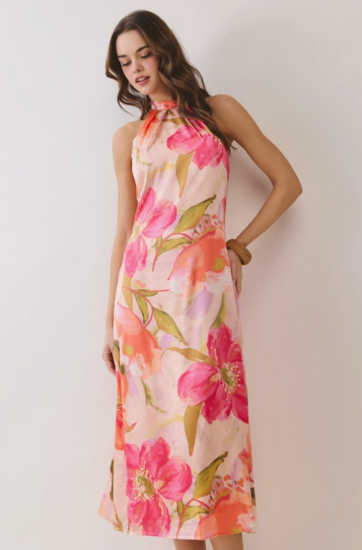Floral Print Halter Neck Midi Dress