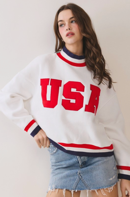 Usa Letter Print Contrast Trim Sweatshirt