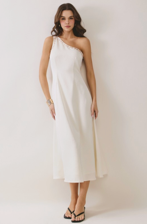 One Shoulder Button Detail Midi Dress
