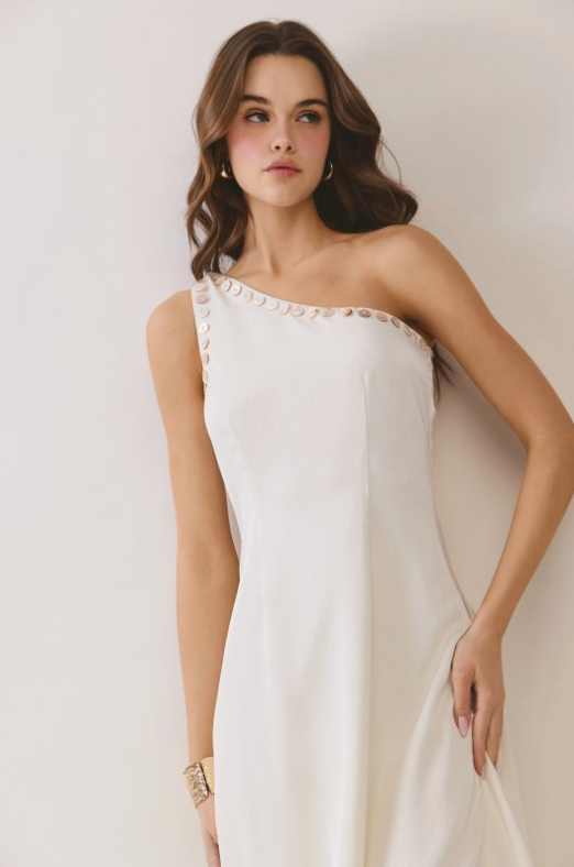 One Shoulder Button Detail Midi Dress