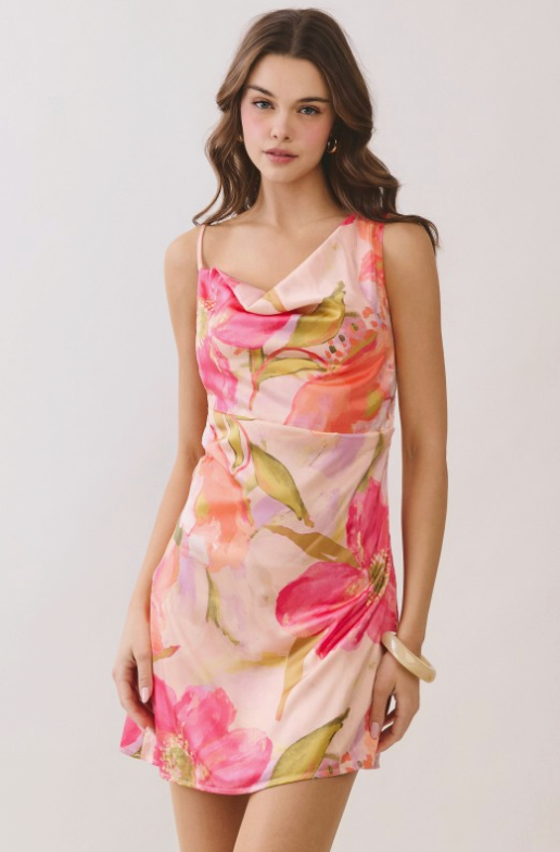Pink Floral Asymmetrical Shoulder Mini Dress