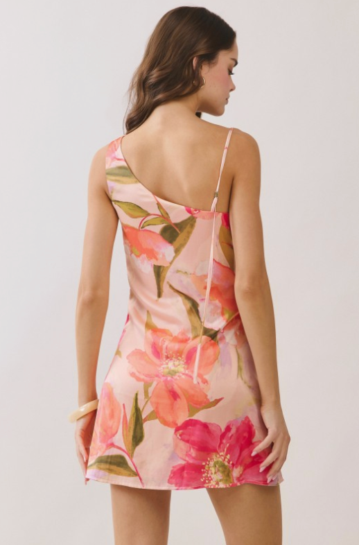 Pink Floral Asymmetrical Shoulder Mini Dress