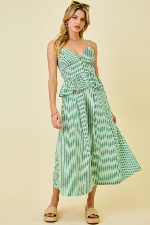 Striped Flared Midi Maxi Long Skirt W/ Inverted Pleats