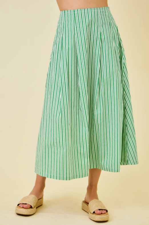 Striped Flared Midi Maxi Long Skirt W/ Inverted Pleats