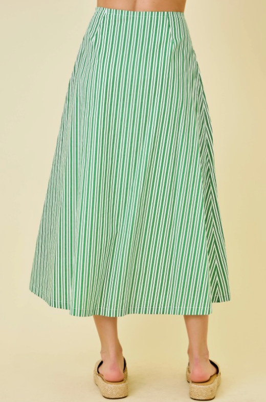 Striped Flared Midi Maxi Long Skirt W/ Inverted Pleats