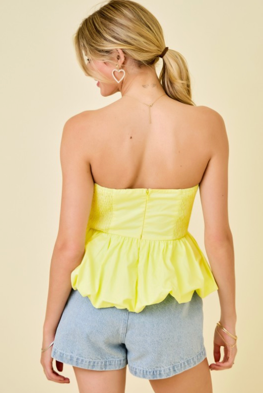 Strapless Sweetheart Peplum Bubble Top W/ Button Detail