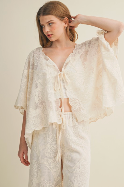 Faux Crochet Wide Leg Pants With Waist Drawstring