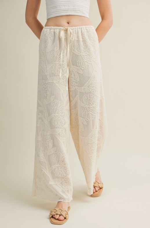 Faux Crochet Wide Leg Pants With Waist Drawstring