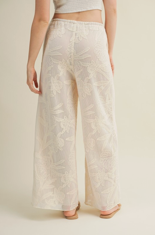 Faux Crochet Wide Leg Pants With Waist Drawstring