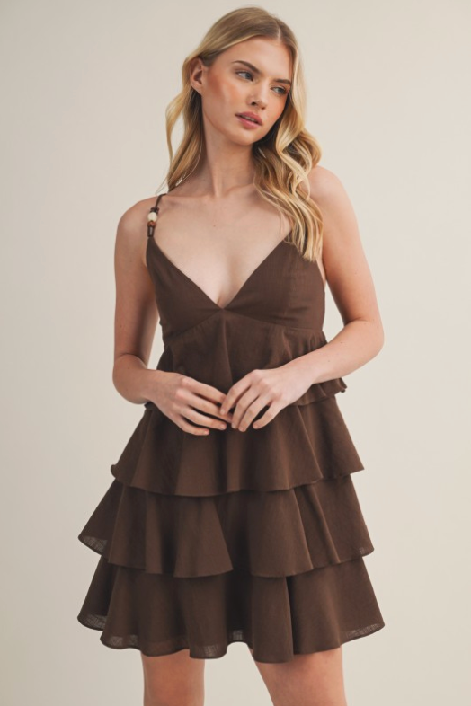 Linen Tiered Sleeveless Dress With Beaded Details