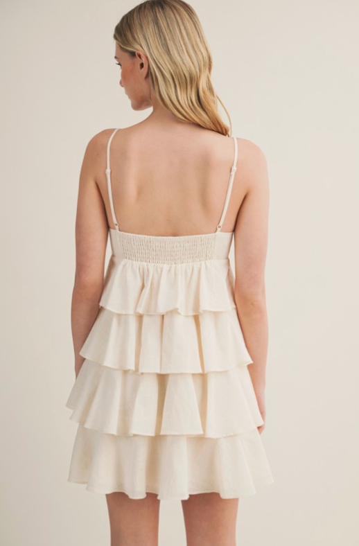 Linen Tiered Sleeveless Dress With Beaded Details