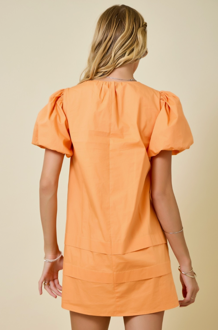 Pin Tuck Mini Dress with Bubble Sleeves