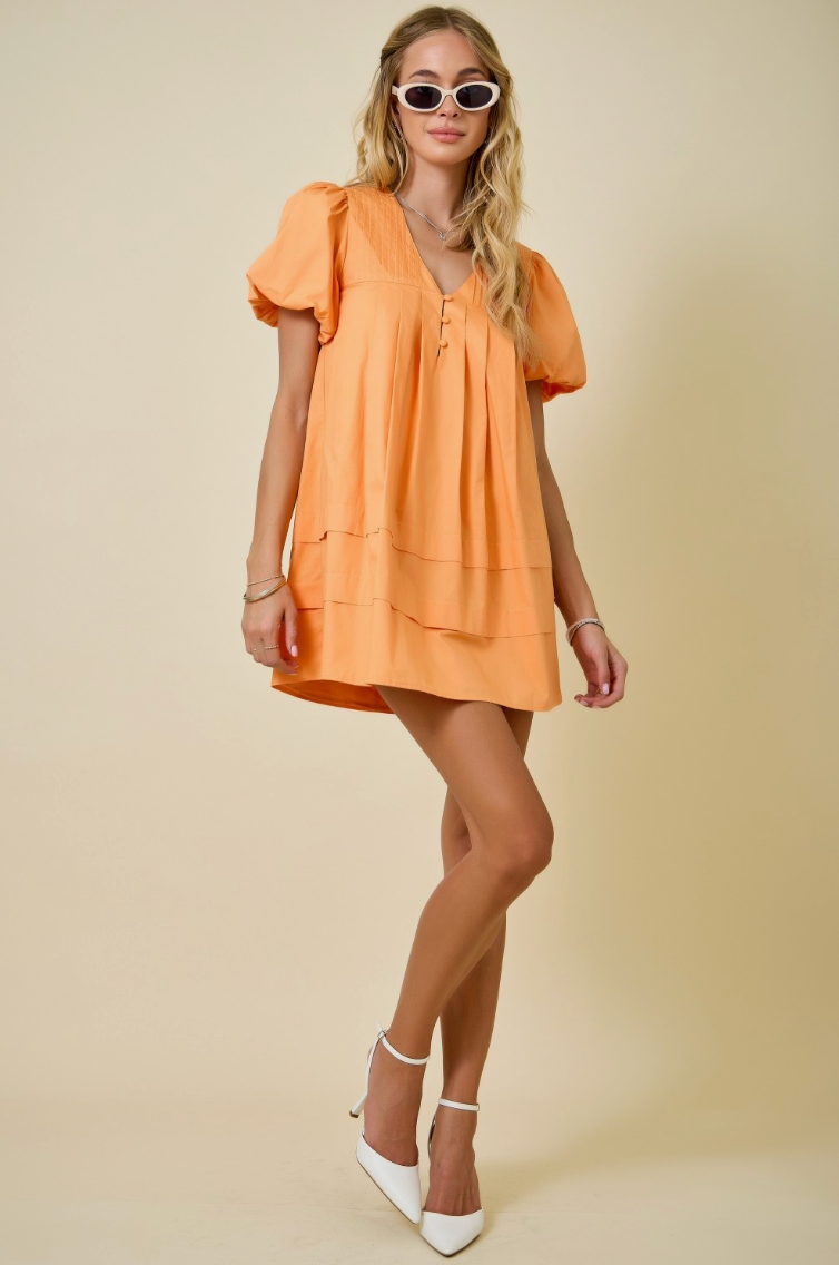 Pin Tuck Mini Dress with Bubble Sleeves